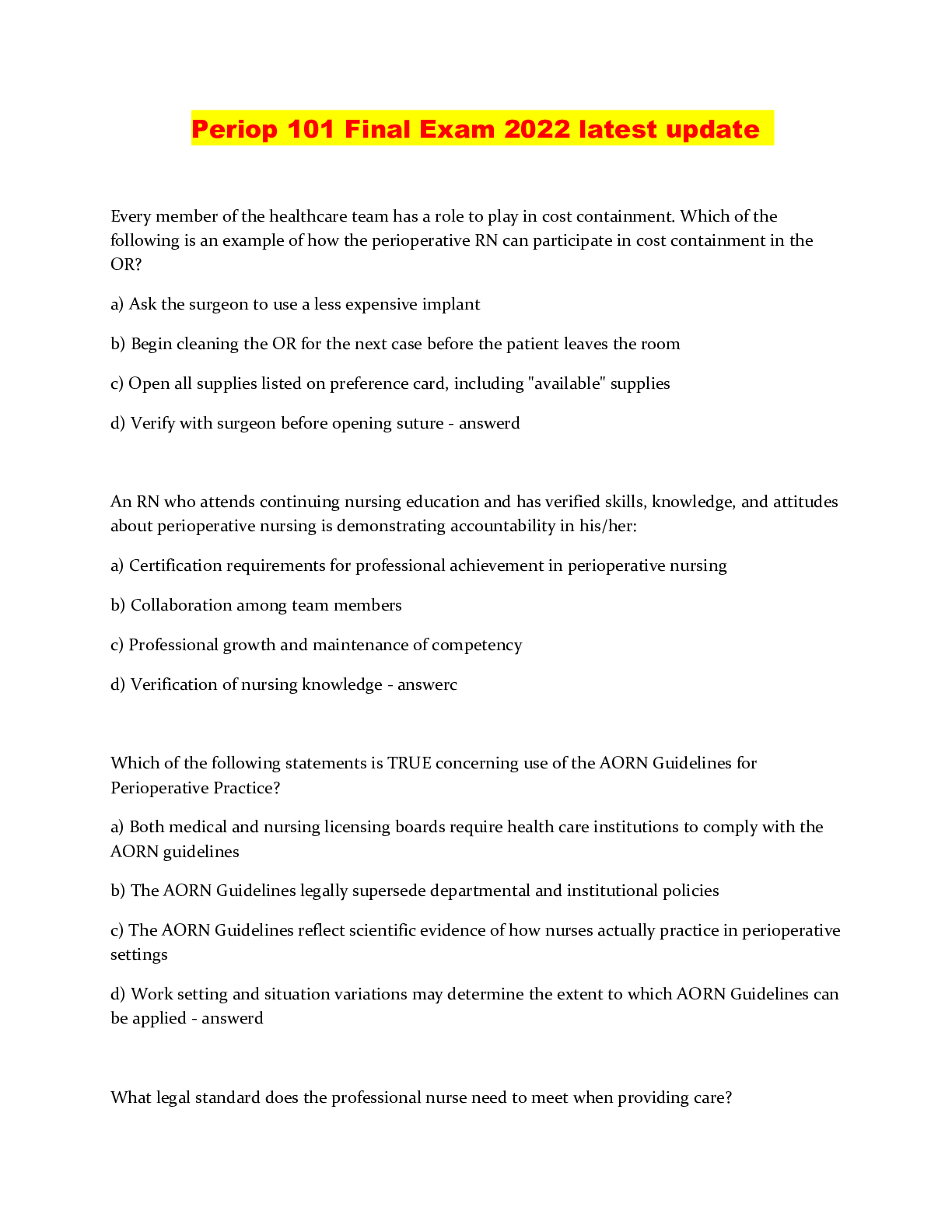 Preview image of Periop 101 Final Exam 2022 latest update document